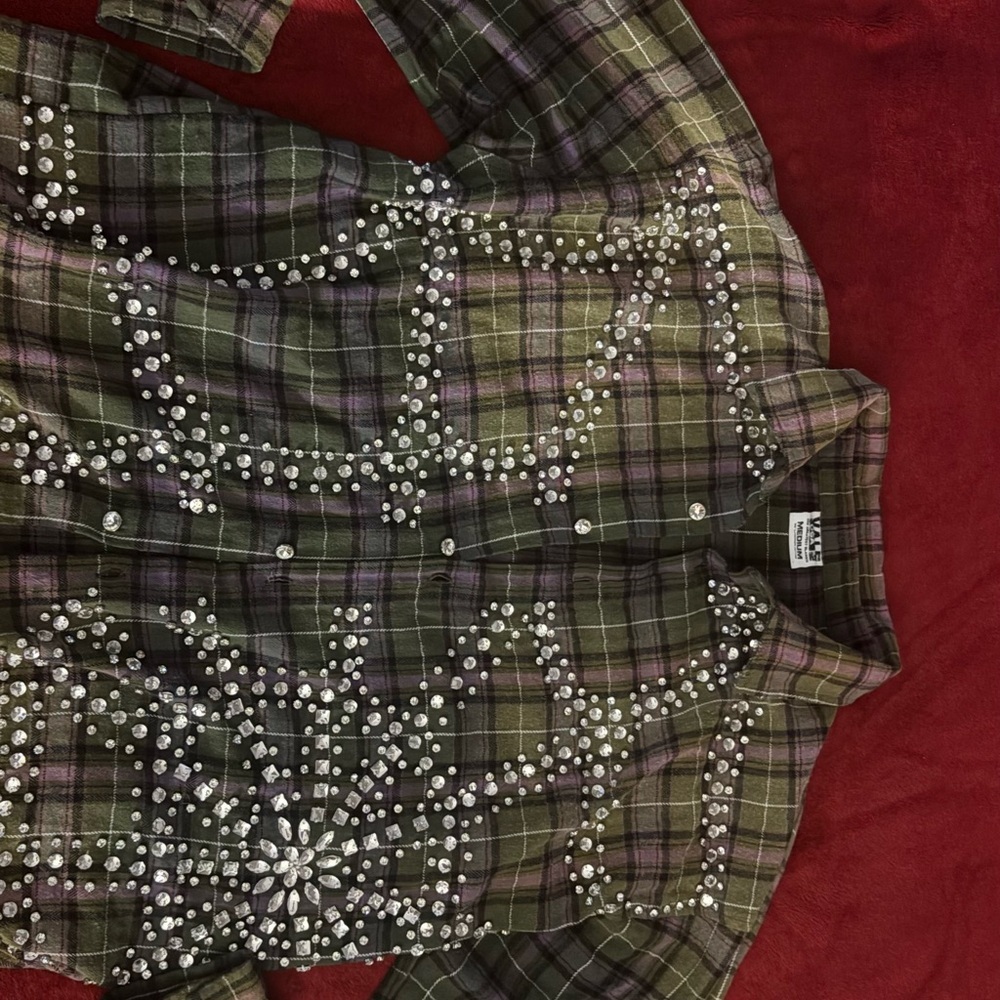 VALE Embellished Plaid Button-Up Shirt in Olive and Purple - Picture 7 of 8